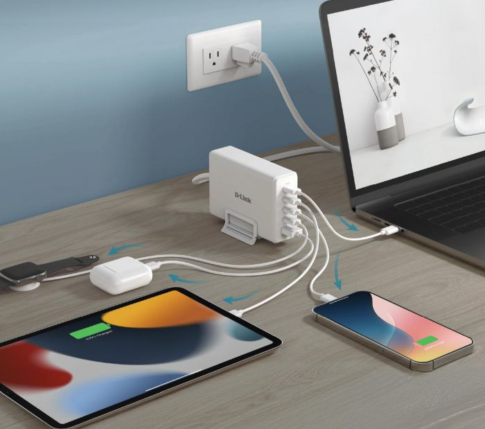 Зарядний пристрій мережевий D-Link DCF-241 240Вт GaN 4хUSB-С, 1xUSB-A, білий