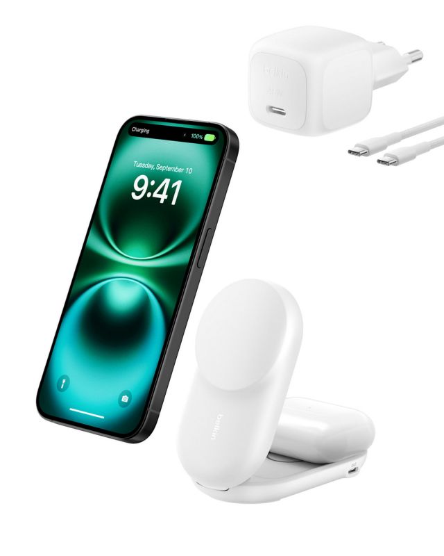 Зарядний пристрій бездротовий Belkin UltraCharge 2-in-1 Foldable Magnetic Charging 25Вт, білий