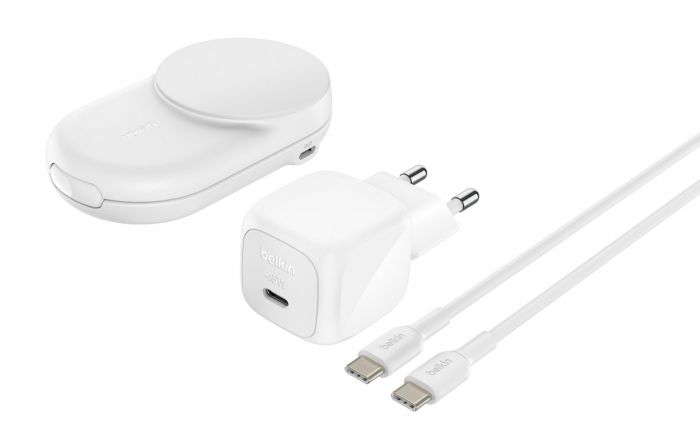 Зарядний пристрій бездротовий Belkin UltraCharge 2-in-1 Foldable Magnetic Charging 25Вт, білий