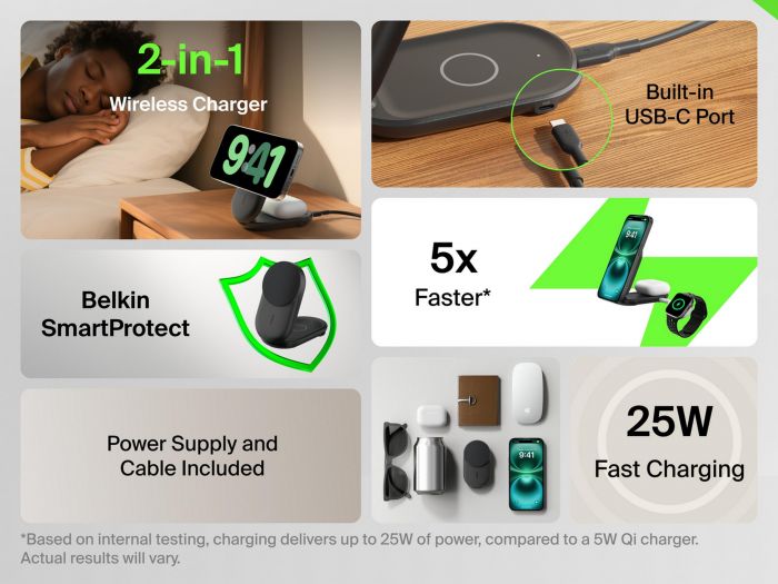 Зарядний пристрій бездротовий Belkin UltraCharge 2-in-1 Foldable Magnetic Charging 25Вт, чорний
