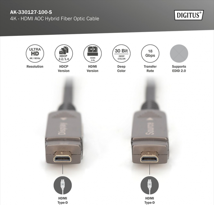 Кабель DIGITUS HDMI (M/M), 4K, AOC, 10м, чорний