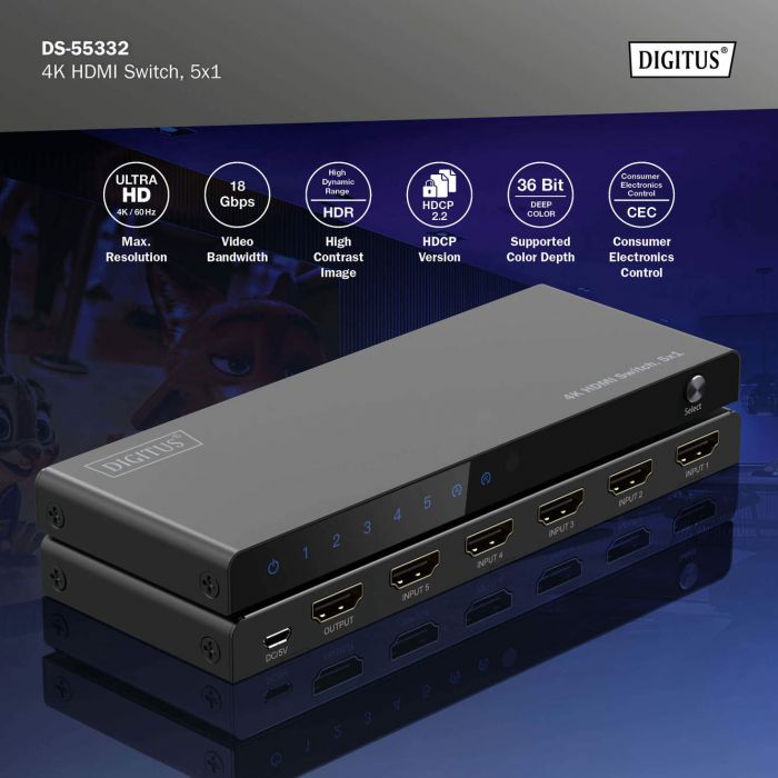 Відеокомутатор DIGITUS UHD HDMI (INx5 - OUTx1), 4K