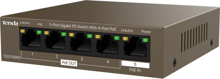 Комутатор TENDA TEG1105PD 5xGE (4xPoE PSE, 1xPoE PD), 30Вт, Некерований