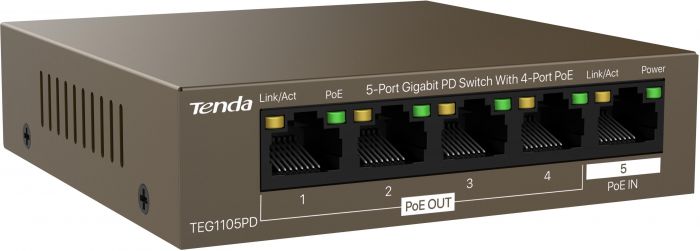 Комутатор TENDA TEG1105PD 5xGE (4xPoE PSE, 1xPoE PD), 30Вт, Некерований