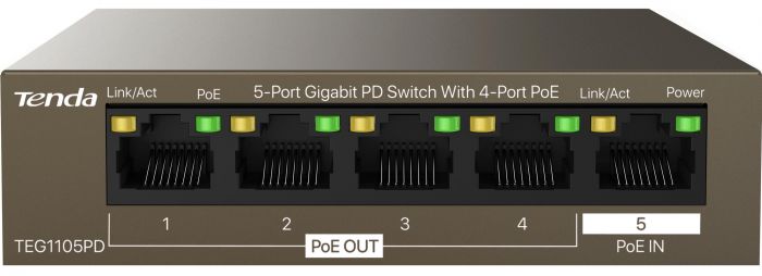 Комутатор TENDA TEG1105PD 5xGE (4xPoE PSE, 1xPoE PD), 30Вт, Некерований
