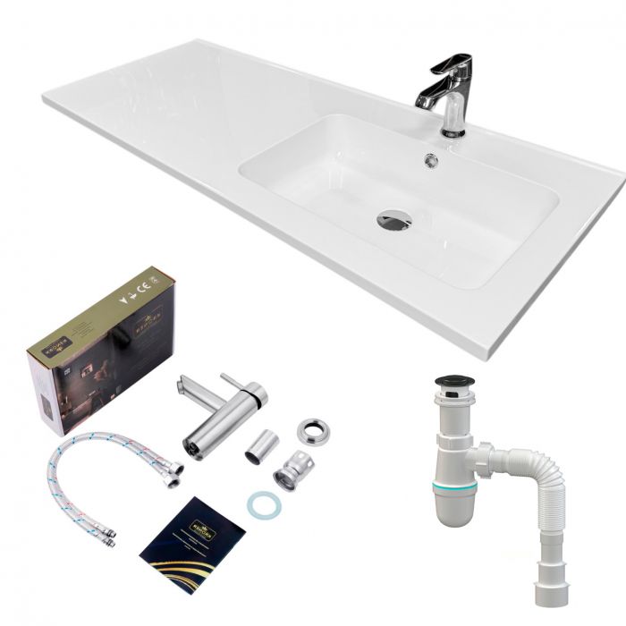 Набір для ванної кімнати, раковина, умивальник Adamant FLATE 120R, штучний камінь, прямокут., з сифоном Click-Clack + змішувач