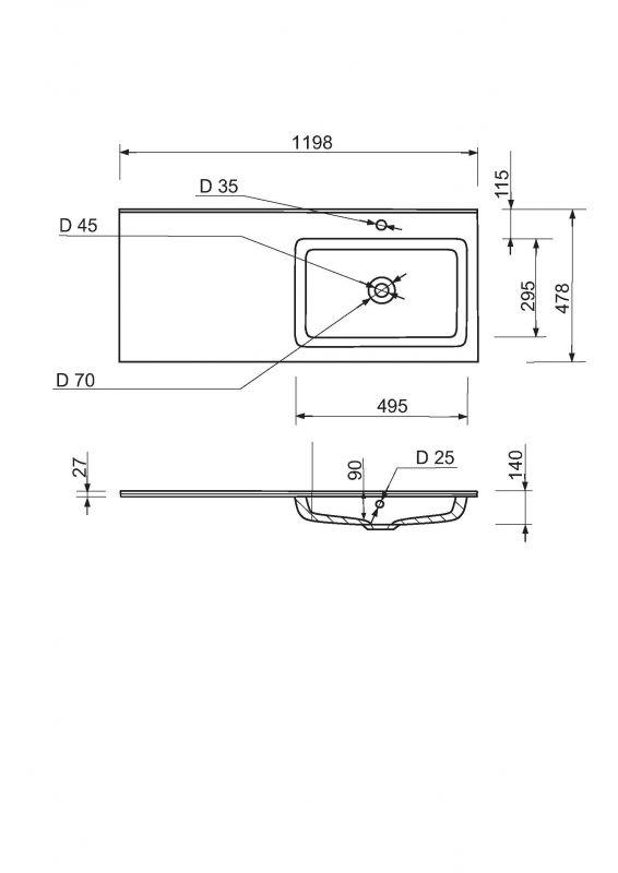 Набір для ванної кімнати, раковина, умивальник Adamant FLATE 120R, штучний камінь, прямокут., з сифоном Click-Clack + змішувач