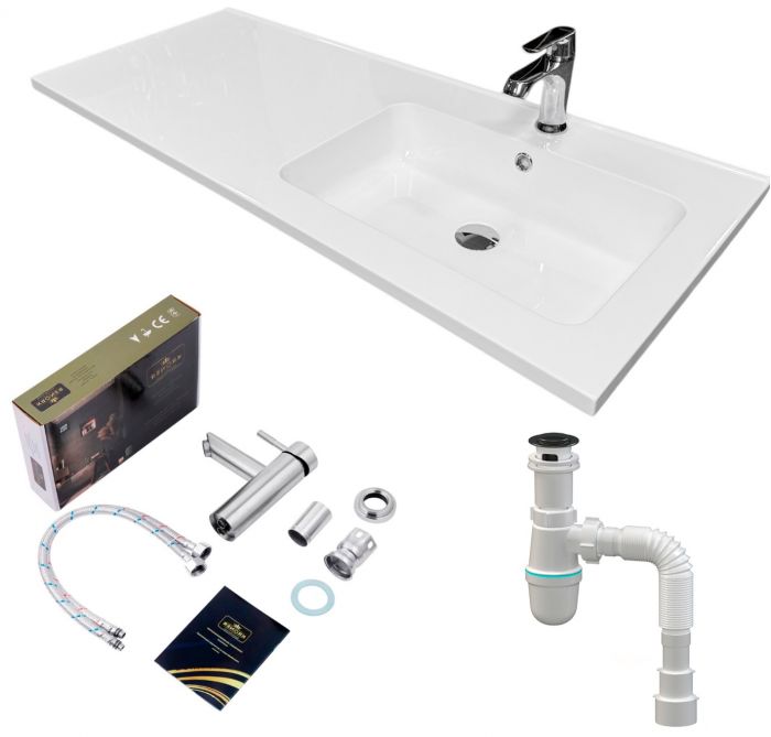 Набір для ванної кімнати, раковина, умивальник Adamant FLATE 120R, штучний камінь, прямокут., з сифоном Click-Clack + змішувач
