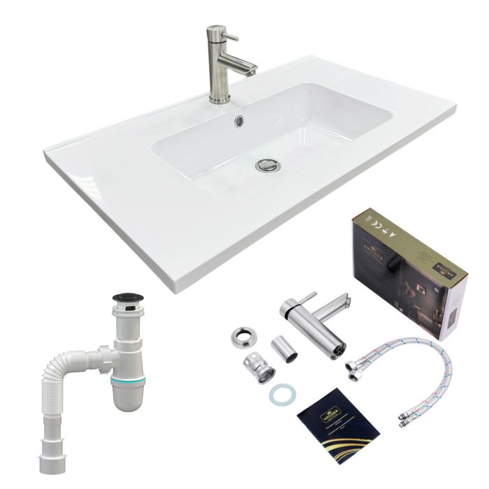 Набір для ванної кімнати, раковина, умивальник Adamant FLATE 80, штучний камінь, прямокут., з сифоном Click-Clack + змішувач