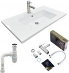 Набір для ванної кімнати, раковина, умивальник Adamant FLATE 80, штучний камінь, прямокут., з сифоном Click-Clack + змішувач