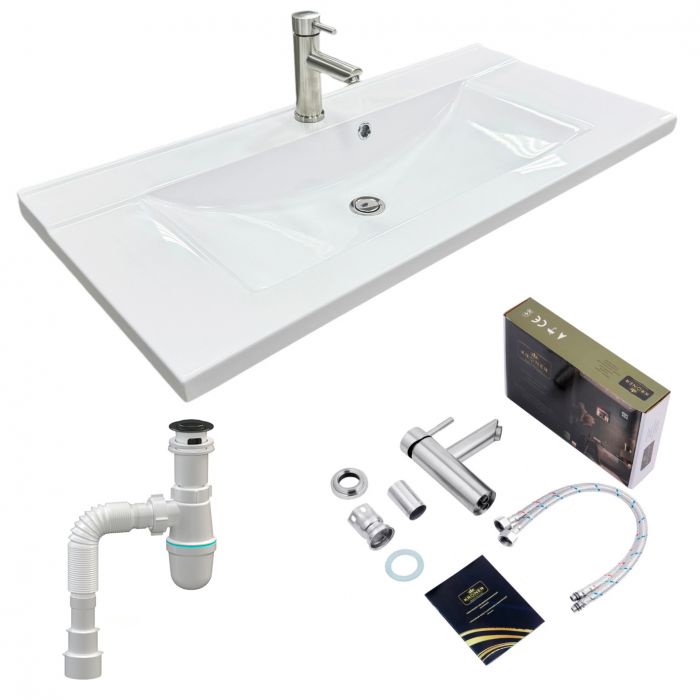 Набір для ванної кімнати, раковина, умивальник Adamant QUANTO 100, штучний камінь, прямокут., з сифоном Click-Clack + змішувач