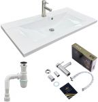 Набір для ванної кімнати, раковина, умивальник Adamant QUANTO 90, штучний камінь, прямокут., з сифоном Click-Clack + змішувач