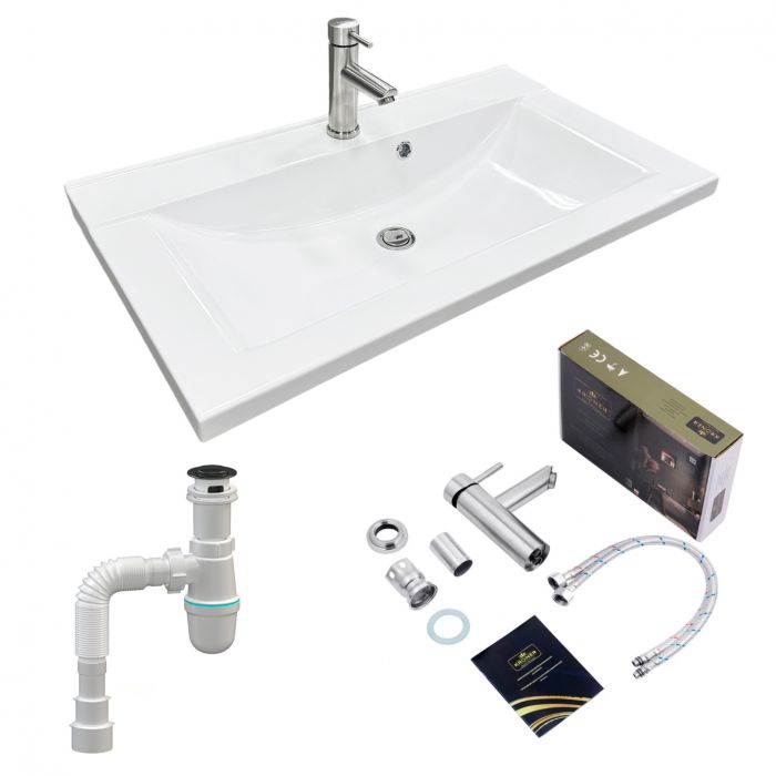 Набір для ванної кімнати, раковина, умивальник Adamant QUANTO 80, штучний камінь, прямокут., з сифоном Click-Clack + змішувач