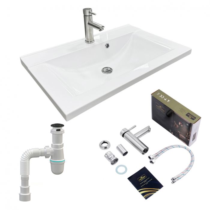 Набір для ванної кімнати, раковина, умивальник Adamant QUANTO 70, штучний камінь, прямокут., з сифоном Click-Clack + змішувач