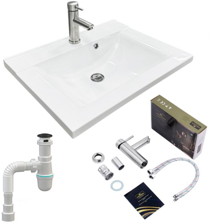 Набір для ванної кімнати, раковина, умивальник Adamant QUANTO 60, штучний камінь, прямокут., з сифоном Click-Clack + змішувач