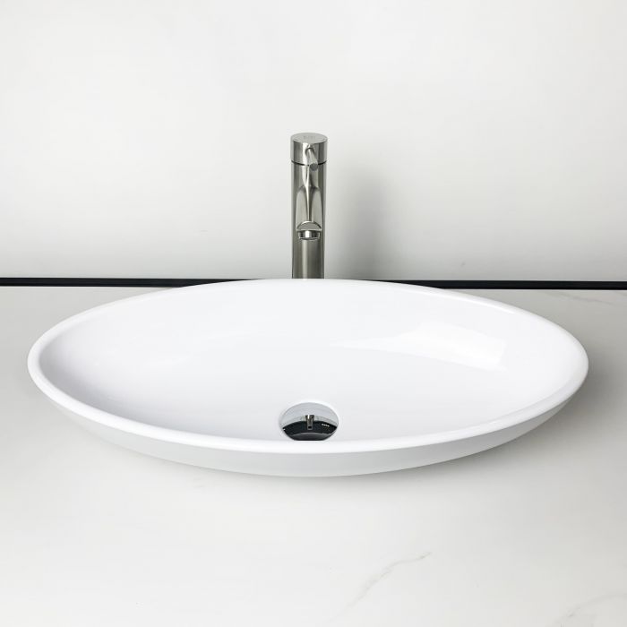 Раковина, умивальник Adamant ANDERE NEW, штучний камінь, овальна, без отвору для змішувача та переливу, 590х295х130мм, накладний, білий