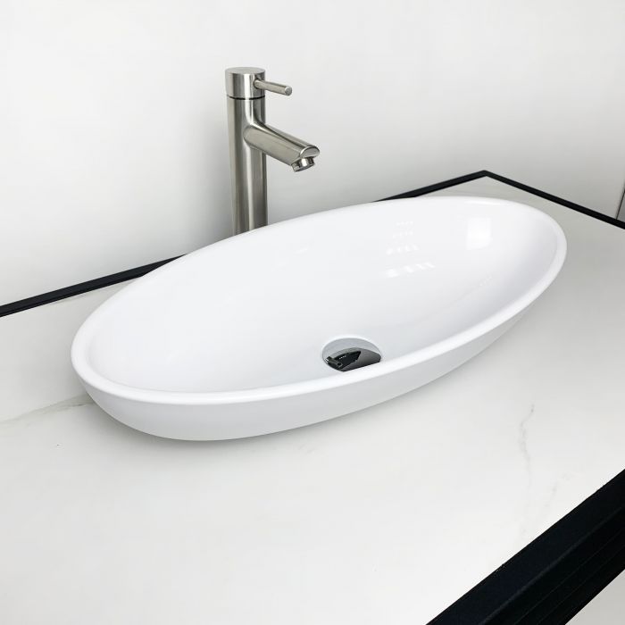 Раковина, умивальник Adamant ANDERE NEW, штучний камінь, овальна, без отвору для змішувача та переливу, 590х295х130мм, накладний, білий