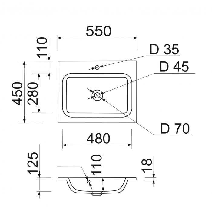 Раковина, умивальник Adamant FRATE, штучний камінь, прямокут., з отвором для змішувача, з отвором для переливу, 550x450x1525мм, накладний, білий