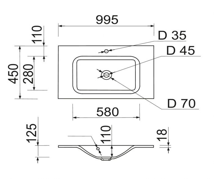 Раковина, умивальник Adamant FRATE, штучний камінь, прямокут., з отвором для змішувача, з отвором для переливу, 995x450x1525мм, накладний, білий