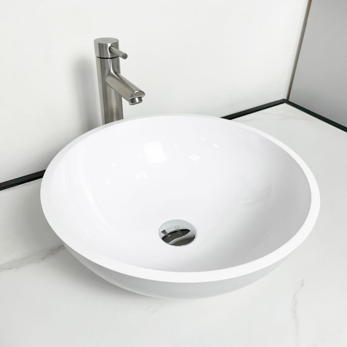 Раковина, умивальник Adamant KREIS, штучний камінь, кругла, без отвору для змішувача та переливу, 420х150мм, накладний, білий