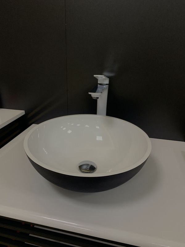 Раковина, умивальник Adamant KREIS, штучний камінь, кругла, без отвору для змішувача та переливу, 420х150мм, накладний, чорно-білий