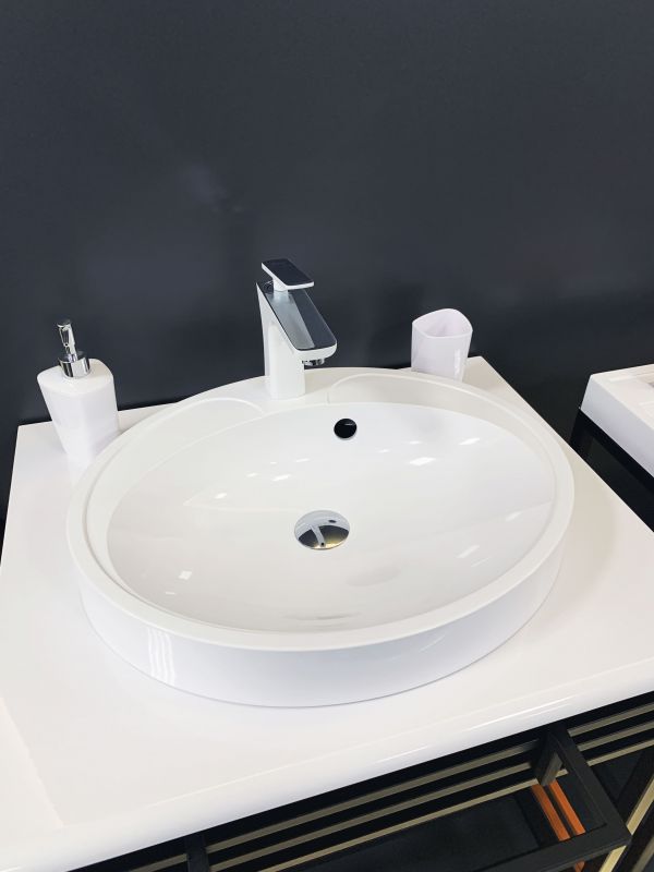 Раковина, умивальник Adamant Lauf New, штучний камінь, овальна, без отвору для змішувача, з отвором для переливу, 540х445х130мм, накладний, білий