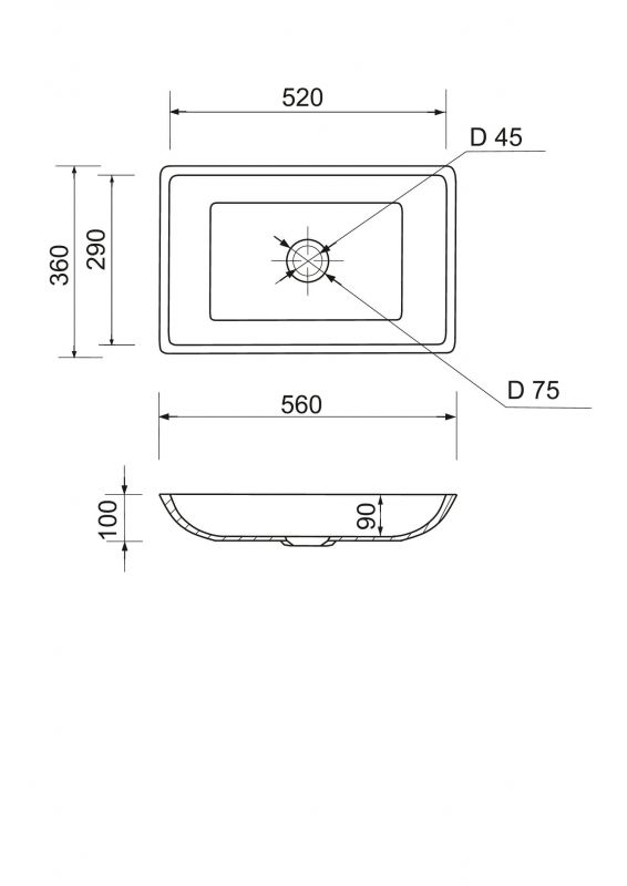 Раковина, умивальник Adamant LOWER, штучний камінь, прямокут., без отвору для змішувача та переливу, 560x360x100мм, накладний, чорно-білий