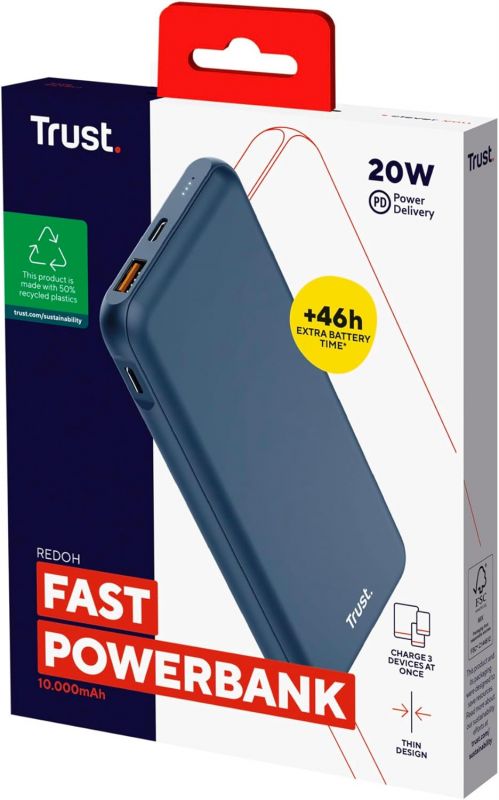 Акумулятор портативний літій-іонний power bank Trust Redoh, 10000мА·год, USB-A/2хUSB-C, 18W, QC 3.0, PD, синій