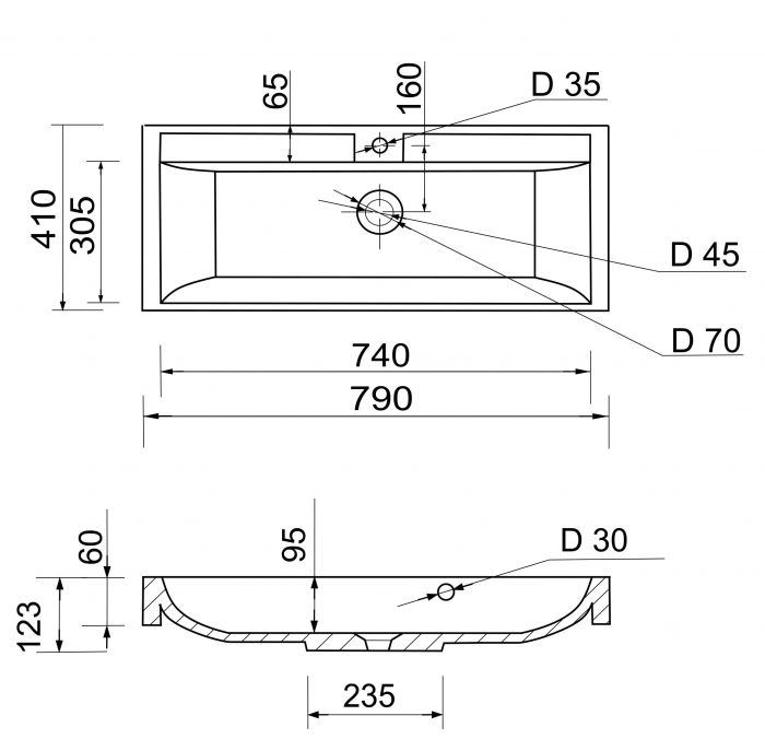 Раковина, умивальник Adamant STRENG NEW, штучний камінь, прямокут., з отвором для змішувача, з отвором для переливу, 790x410x123мм, накладний, білий