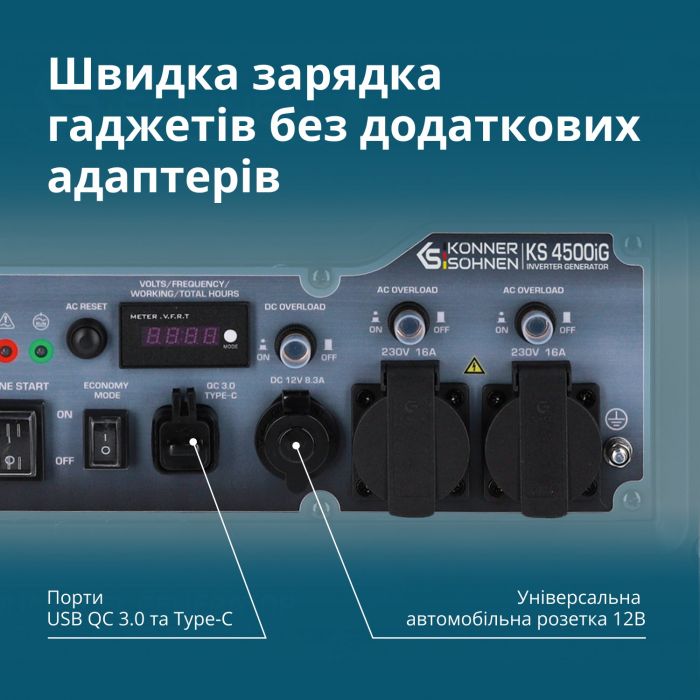 Генератор газобензиновий інверторний Konner&Sohnen KS 4500iG, 230В, 4.5кВт, ручний стартер, 33.5кг