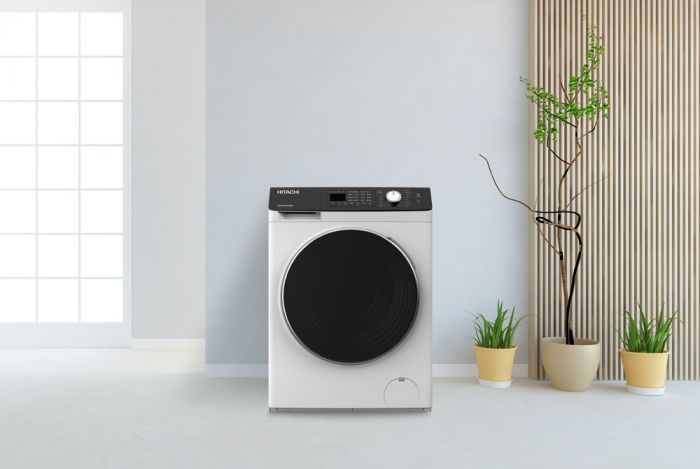 Пральна машина Hitachi фронтальна, 8кг, 1400, A+++, 60см, дисплей, пара, інвертор, люк чорний, білий