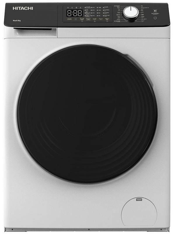 Пральна машина Hitachi фронтальна, 8кг, 1400, A+++, 60см, дисплей, пара, інвертор, люк чорний, білий