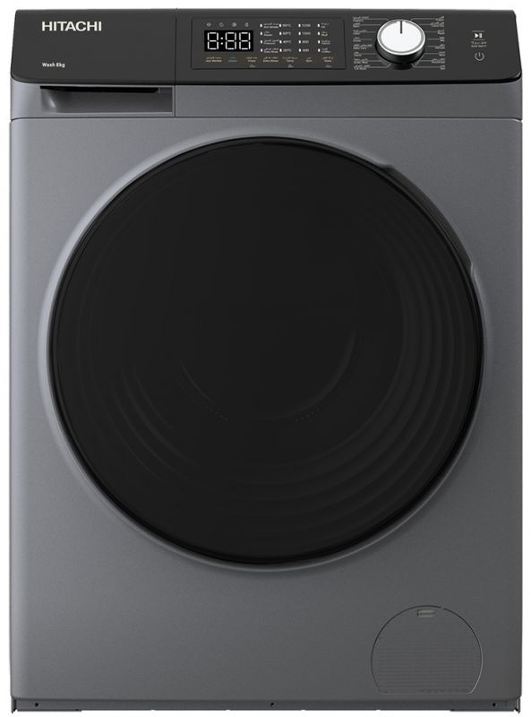 Пральна машина Hitachi фронтальна, 8кг, 1400, A+++, 60см, дисплей, пара, інвертор, люк чорний, cріблястий