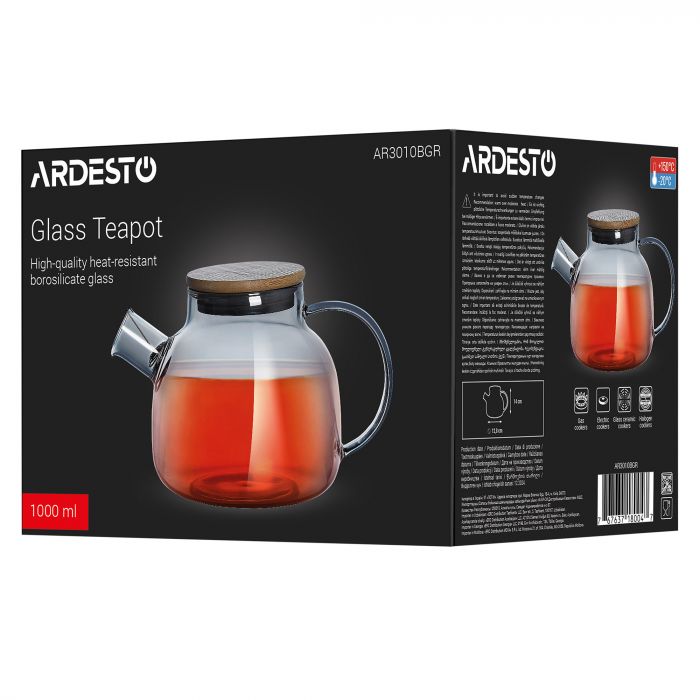 Заварник ARDESTO Graphite 1000мл, боросилікатне скло, бамбук, cірий