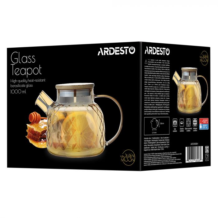 Заварник ARDESTO Golden Moon Diamond 1000мл, боросилікатне скло, бамбук, золотистий