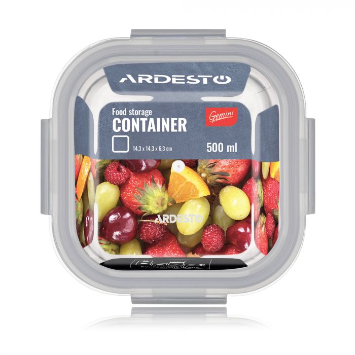 Контейнер для зберігання харчових продуктів Ardesto Gemini 0.5л, боросилікатне скло, пластик, квадратний, прозорий