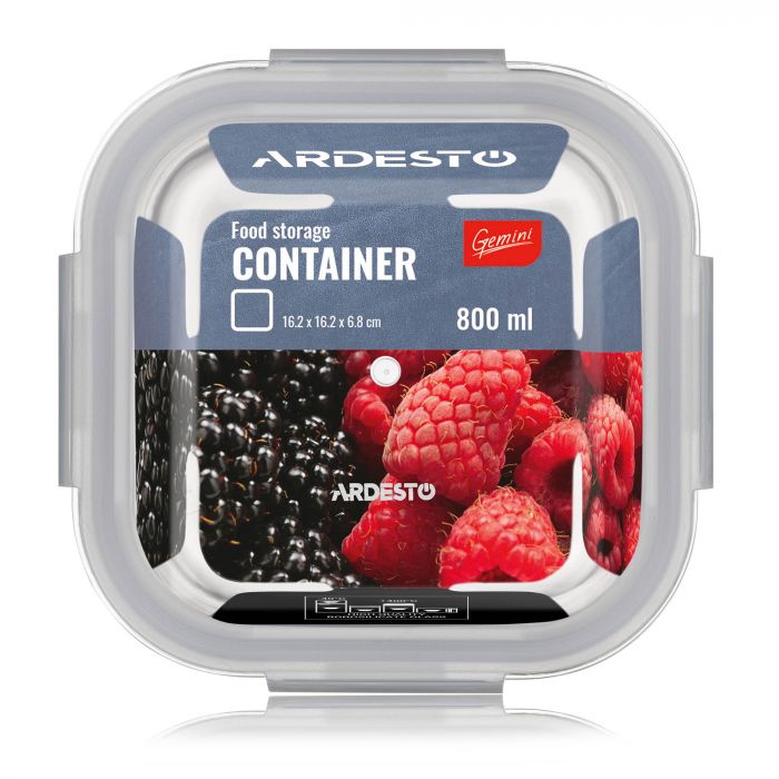 Контейнер для зберігання харчових продуктів Ardesto Gemini 0.8л, боросилікатне скло, пластик, квадратний, прозорий