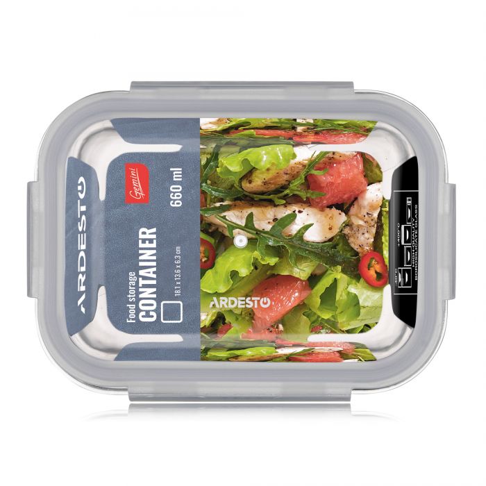 Контейнер для зберігання харчових продуктів Ardesto Gemini 0.66л, боросилікатне скло, пластик, прямокутний, прозорий