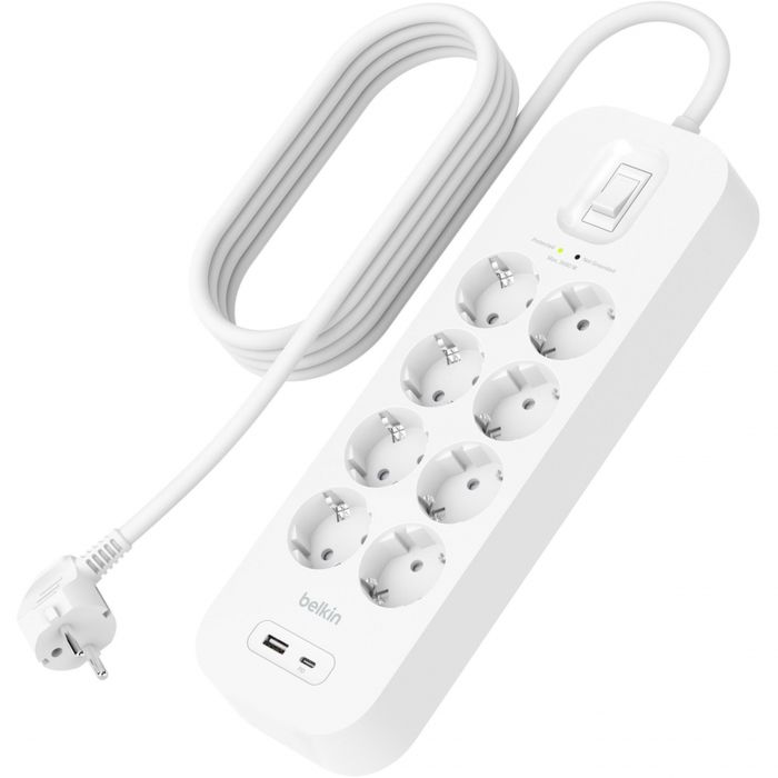 Подовжувач-фільтр мережевий Belkin 8хТип F, 3x1.5мм кв, 16А, USB-A/USB-C 18Вт, з захистом від перенапруги, 2м, білий