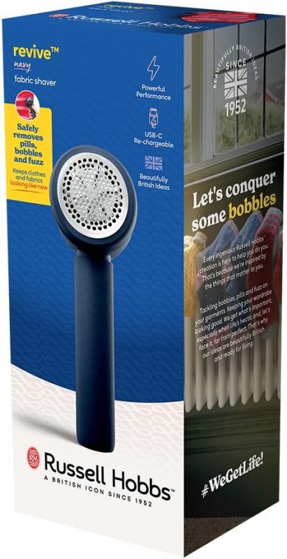 Машинка для видалення катишків Russell Hobbs, велика площа лез. 90 хв. роботи на одному заряді, USB, синий