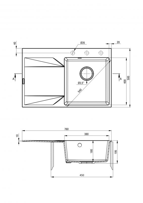 Мийка кухонна Deante Evora, граніт, прямокутна, з крилом, 760х500х195мм, чаша - 1, врізна, графіт