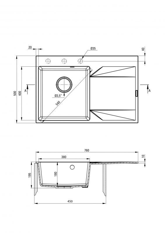 Мийка кухонна Deante Evora, граніт, прямокутна, з крилом, 760х500х195мм, чаша - 1, врізна, графіт