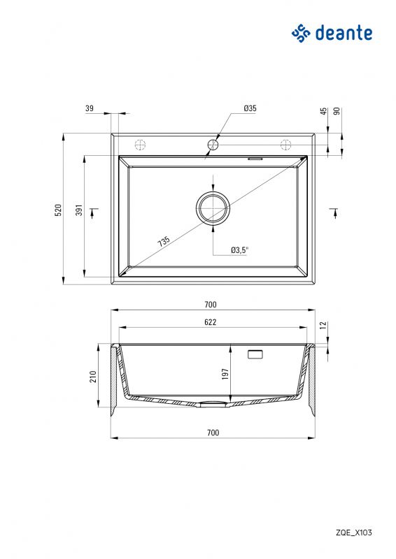 Мийка кухонна Deante Eridan, граніт, прямокутна, без крила, 700х520х210мм, чаша - 1, врізна, металічний графіт