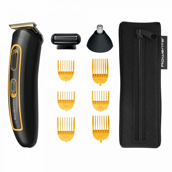 Тример Rowenta Sport Collection, для голови, носа, вух і тіла, мережа+акум., роторний мотор, насадок-8, чохол, титан.напил., чорно-жовтий