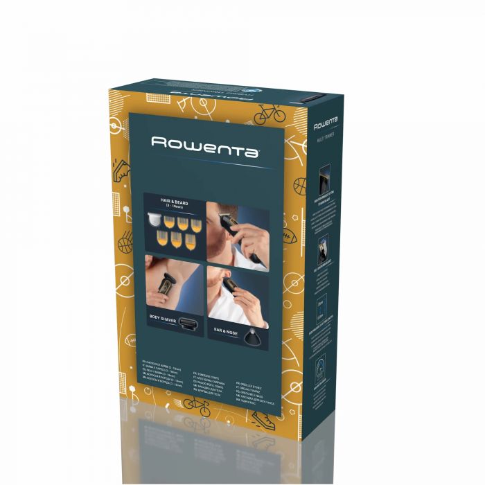 Тример Rowenta Sport Collection, для голови, носа, вух і тіла, мережа+акум., роторний мотор, насадок-8, чохол, титан.напил., чорно-жовтий