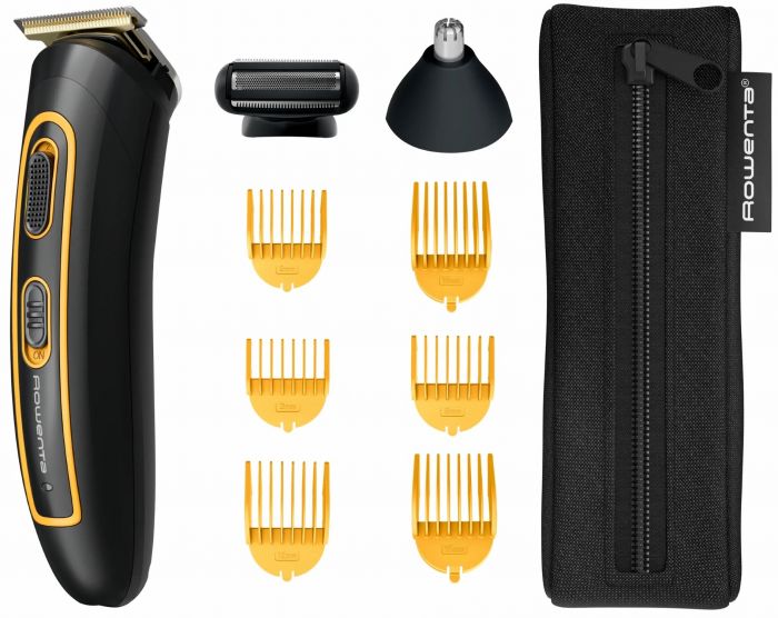 Тример Rowenta Sport Collection, для голови, носа, вух і тіла, мережа+акум., роторний мотор, насадок-8, чохол, титан.напил., чорно-жовтий