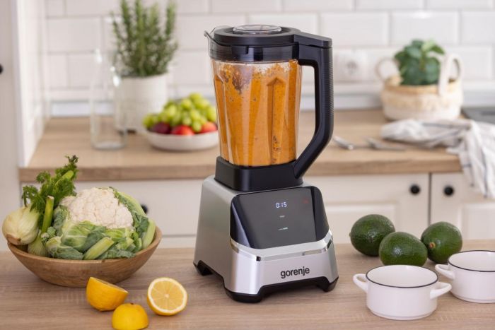 Блендер Gorenje стаціонарний 1500Вт, чаша-2000мл, дисплей, подрібнювач, чорний-нерж