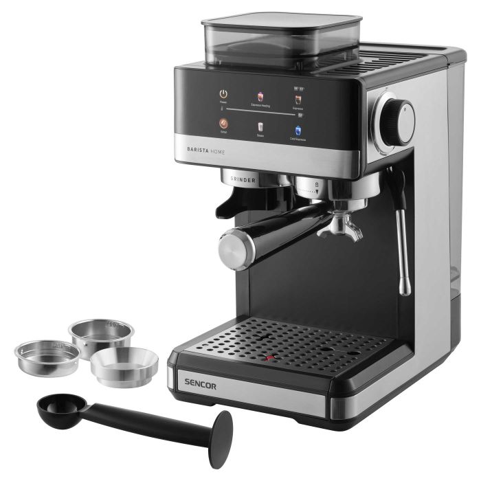 Кавоварка Sencor ріжкова 1.8л, зерно+мелена, вдубована кавомолка, дисплей, нерж. сталь-чорний