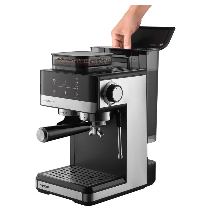 Кавоварка Sencor ріжкова 1.8л, зерно+мелена, вдубована кавомолка, дисплей, нерж. сталь-чорний