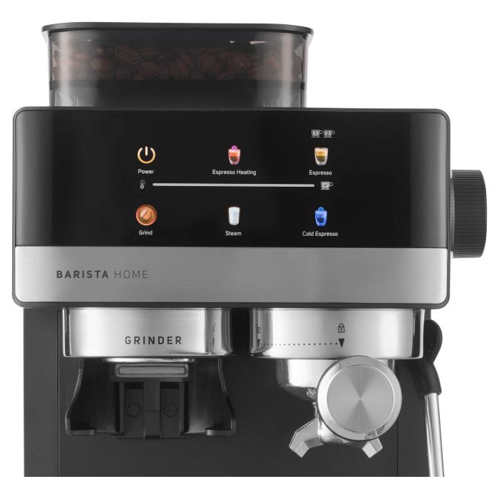 Кавоварка Sencor ріжкова 1.8л, зерно+мелена, вдубована кавомолка, дисплей, нерж. сталь-чорний